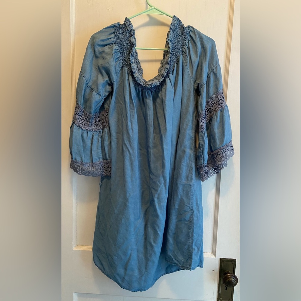 Rue21 Light Blue Off the Shoulder Crochet Lace Sleeved Midi Dress